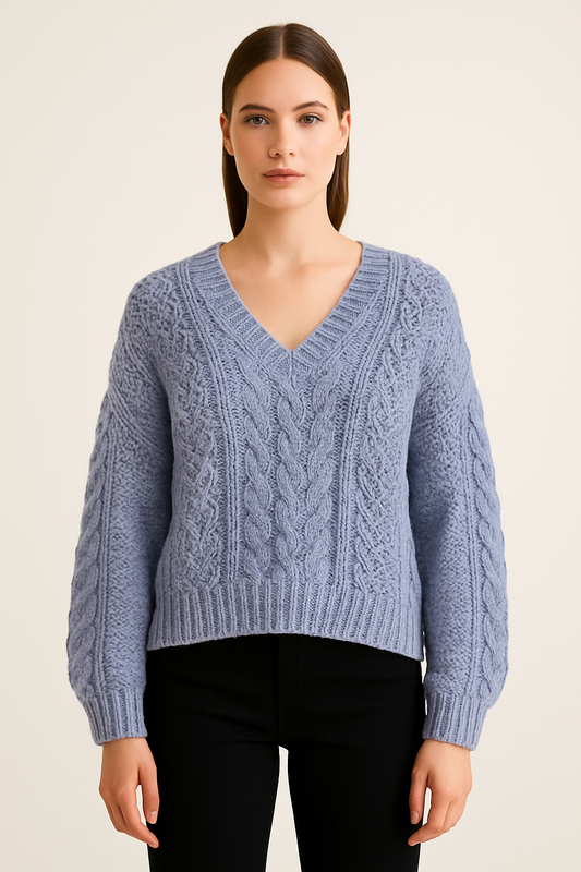 Evening Blue Textured Cable Knit V-Neck Sweater