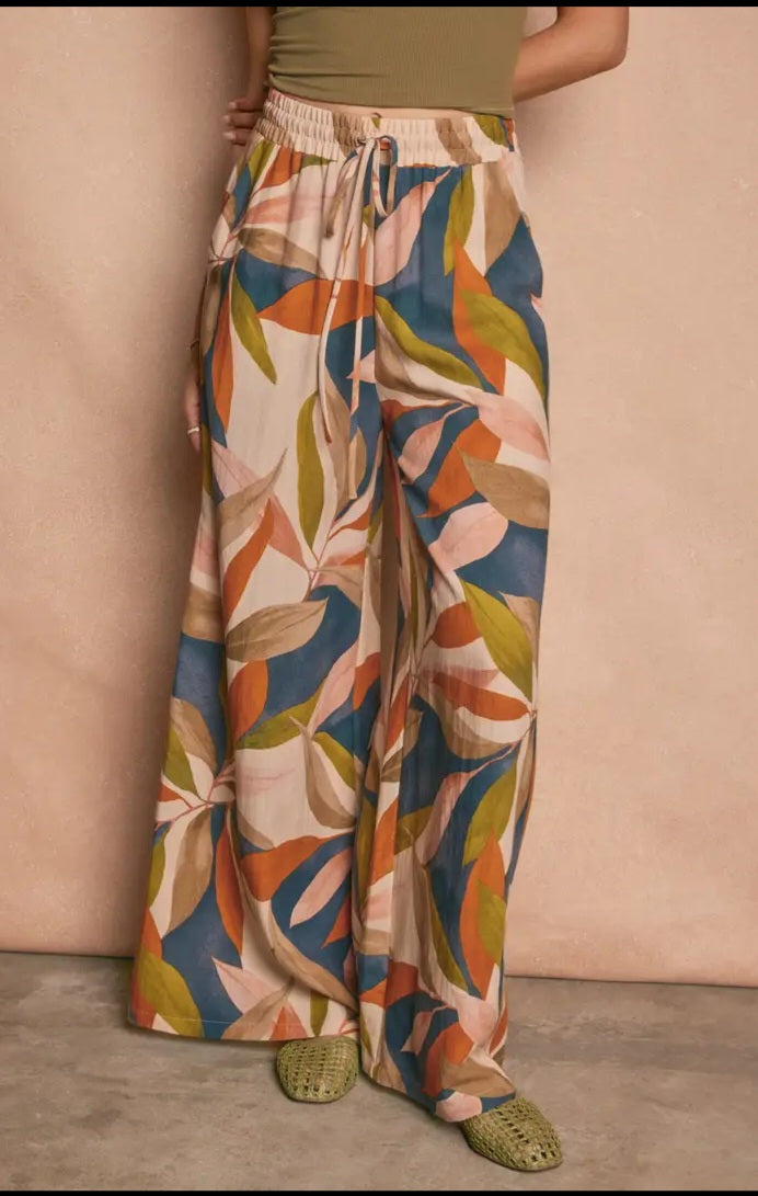 Tropical Leaf Wide Leg Pants