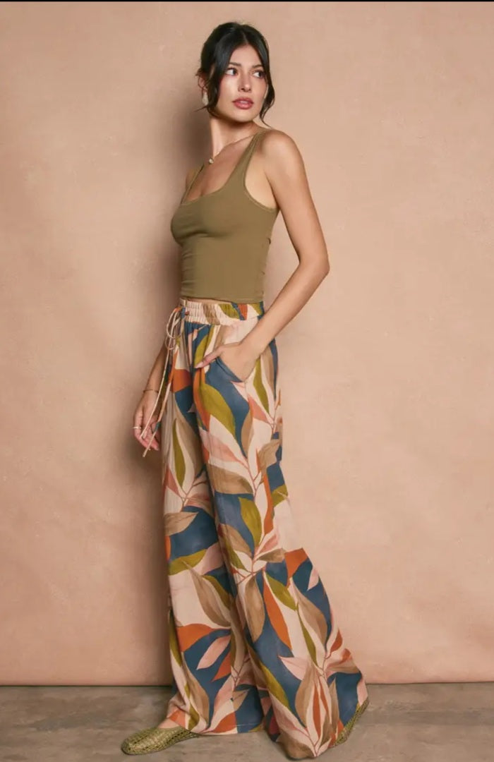 Tropical Leaf Wide Leg Pants
