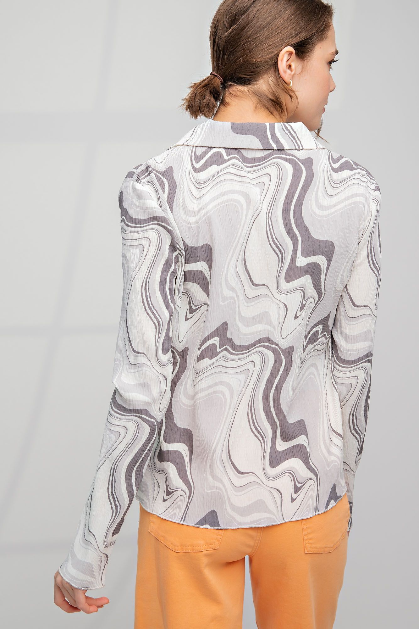 Marble Printed Pleated Button Down Shirt