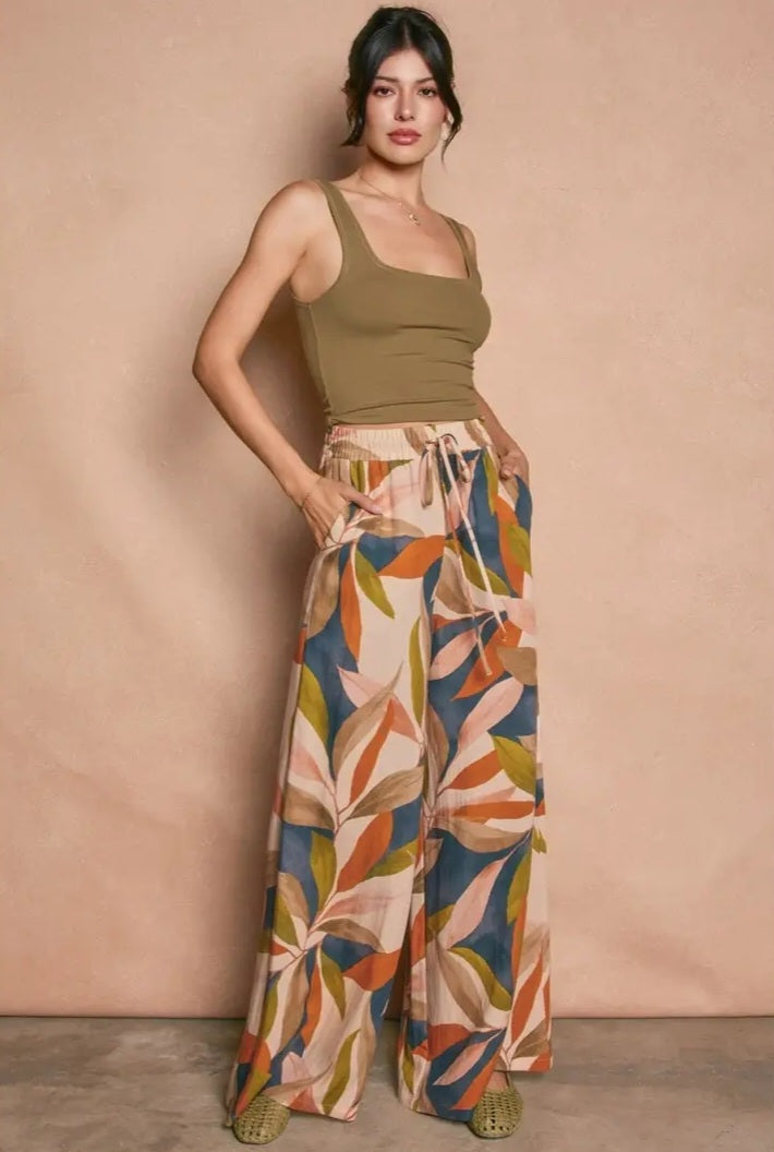 Tropical Leaf Wide Leg Pants