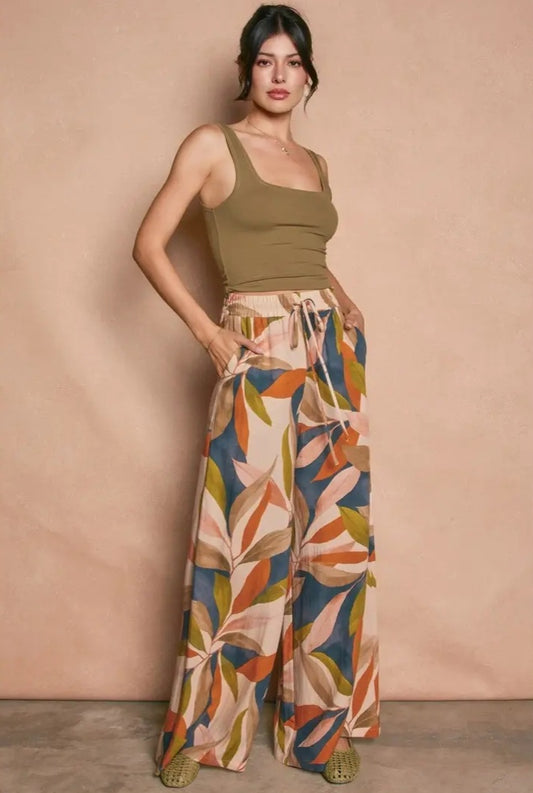 Tropical Leaf Wide Leg Pants