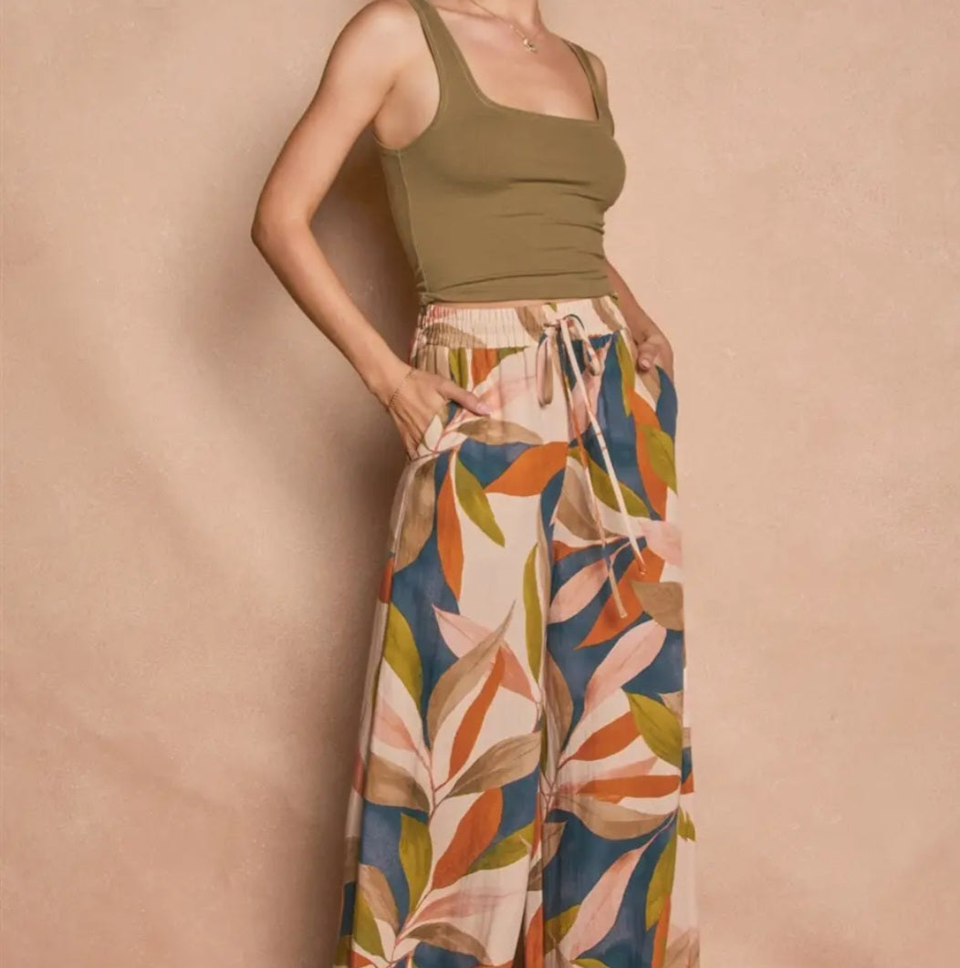 Tropical Leaf Wide Leg Pants