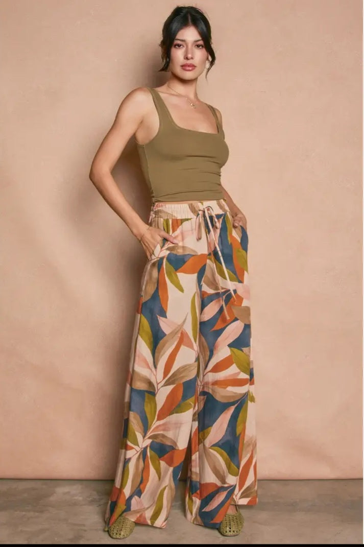 Tropical Leaf Wide Leg Pants