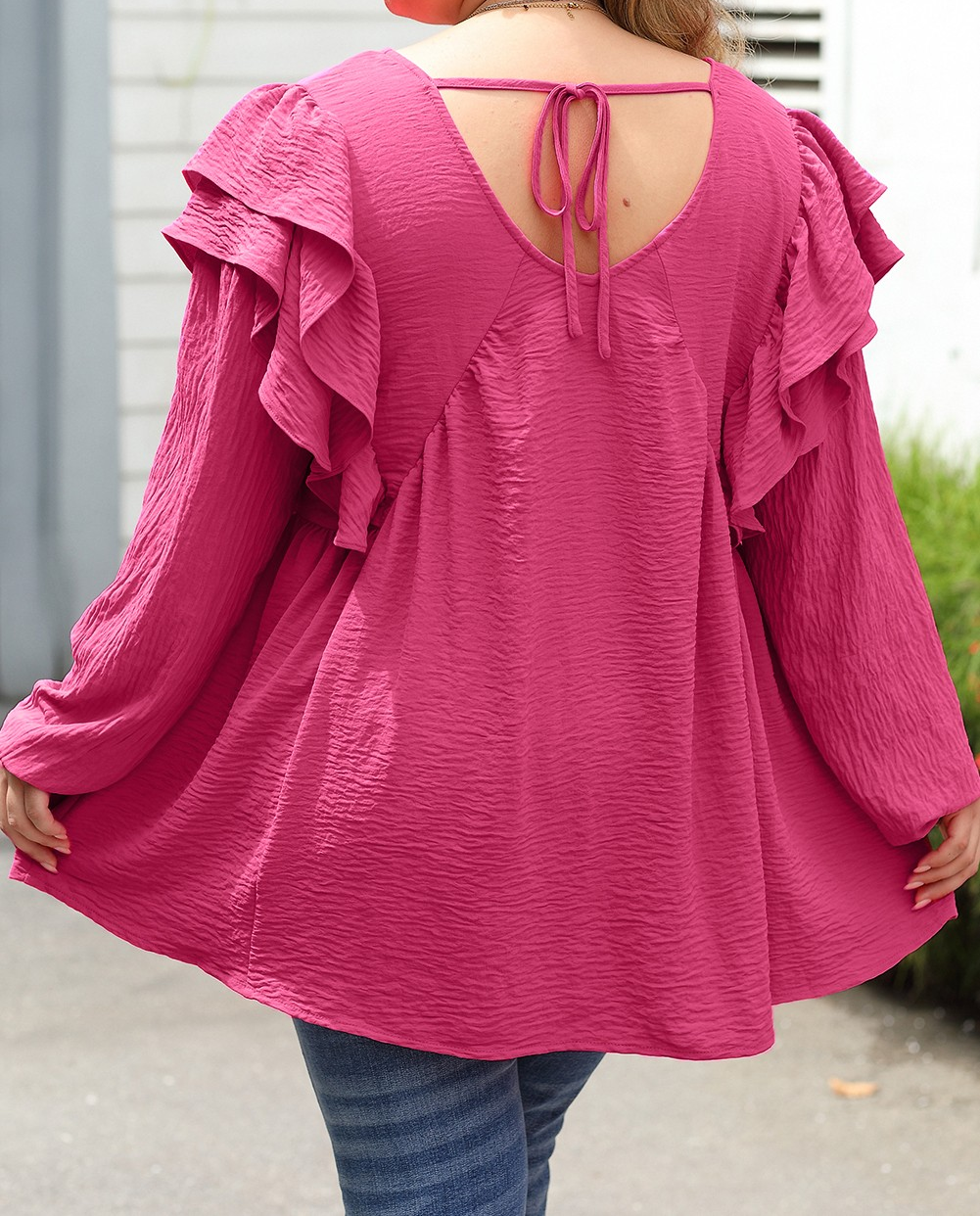 Pink Crinkle Ruffled V Neck Plus Size Blouse