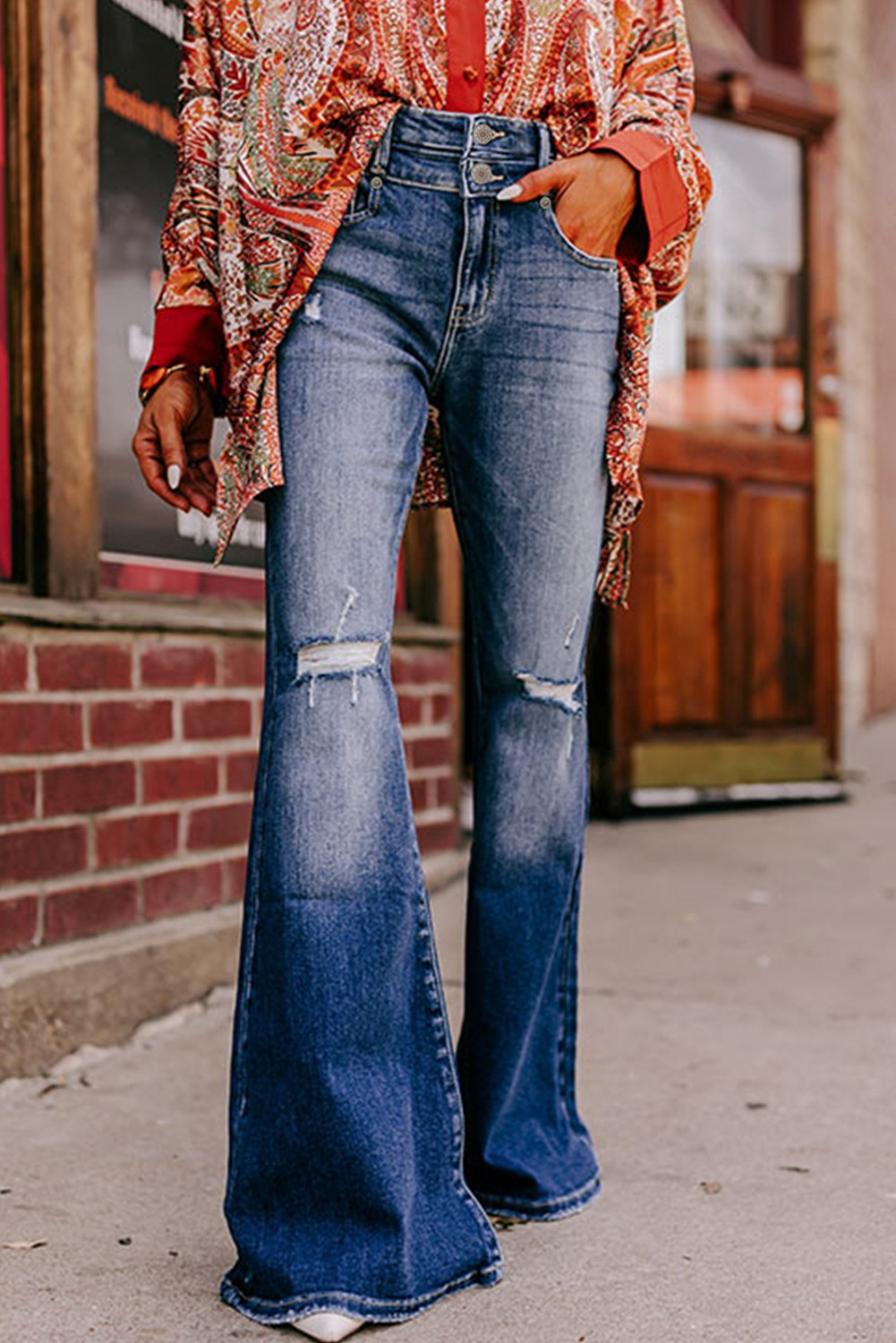 Button Fly Ripped High Waist Flare Jeans