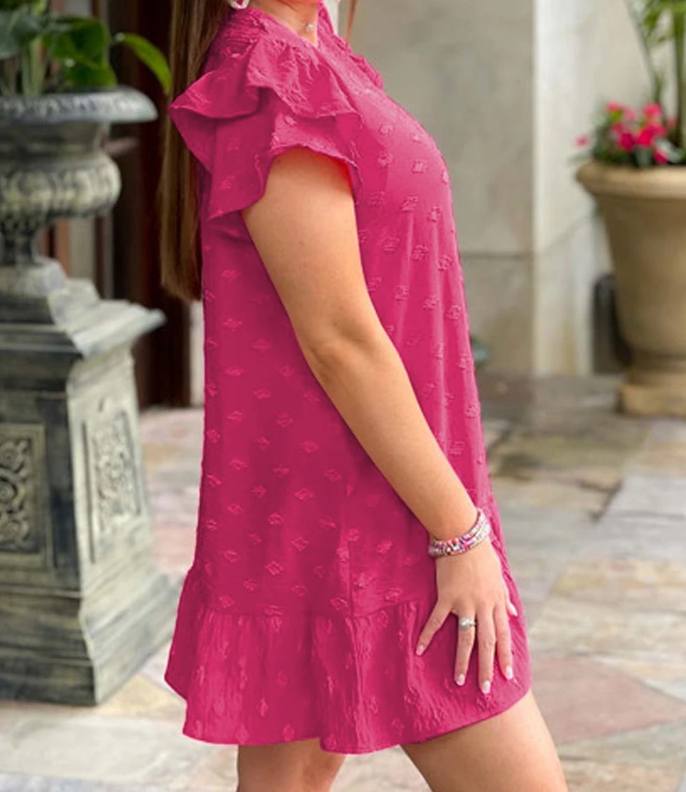 Strawberry Pink Plus Size Swiss Dot Short Ruffle Sleeve Mini Dress