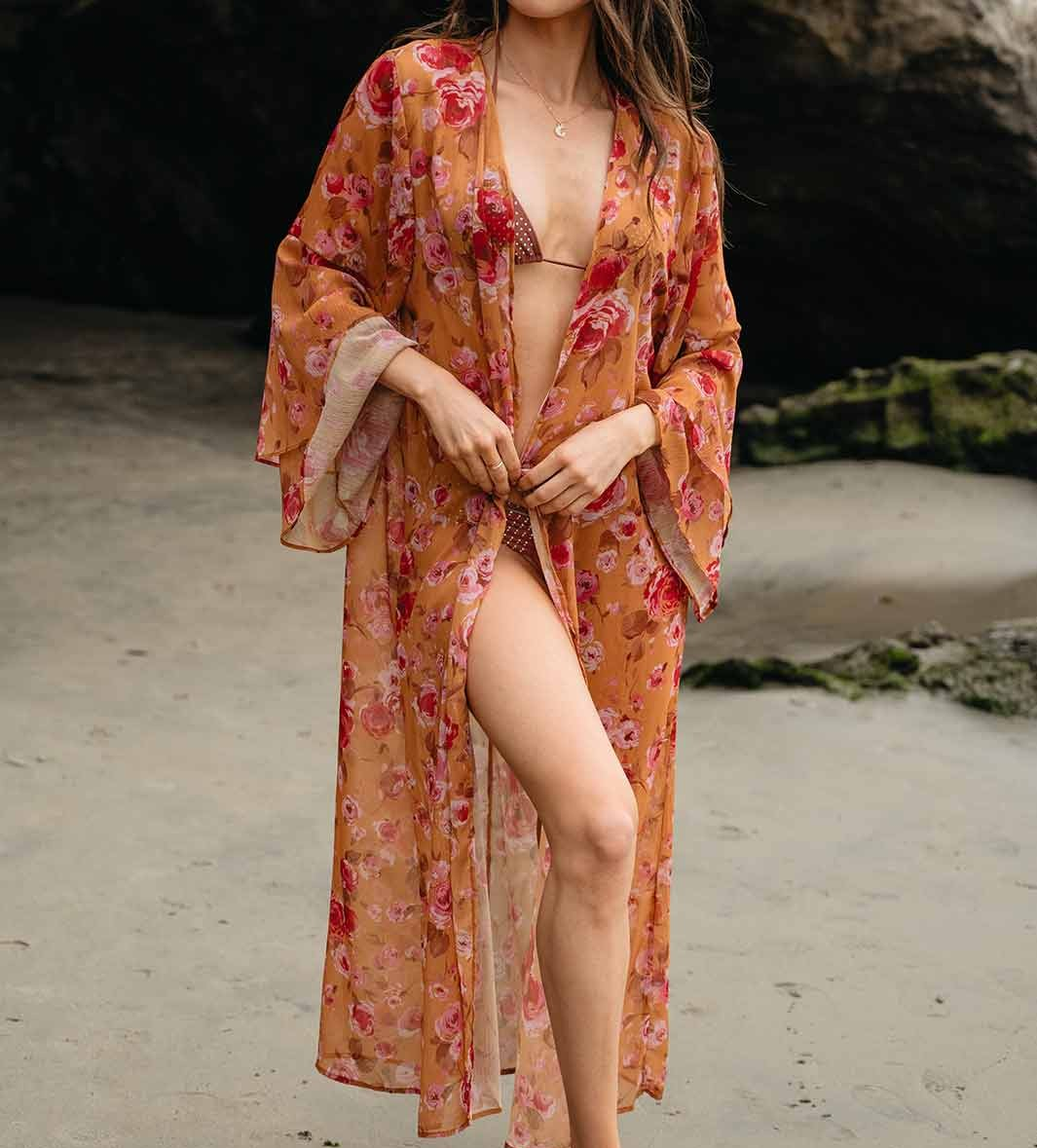 WOMEN'S RUFFLE SLEEVE OPEN FRONT FLORAL KIMONO