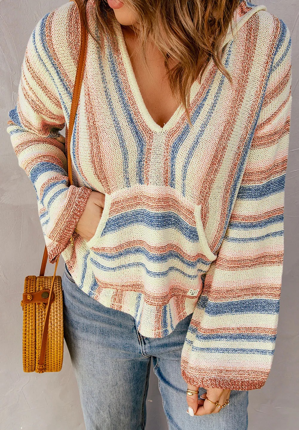 Multicolor Striped Knit Kangaroo Pocket Hooded Sweater