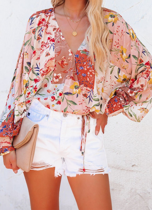 Multicolor Floral Print Patchwork Wrap V Neck Blouse