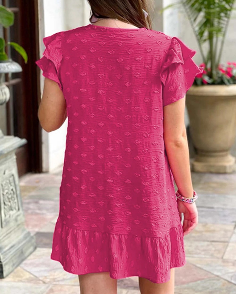 Strawberry Pink Plus Size Swiss Dot Short Ruffle Sleeve Mini Dress