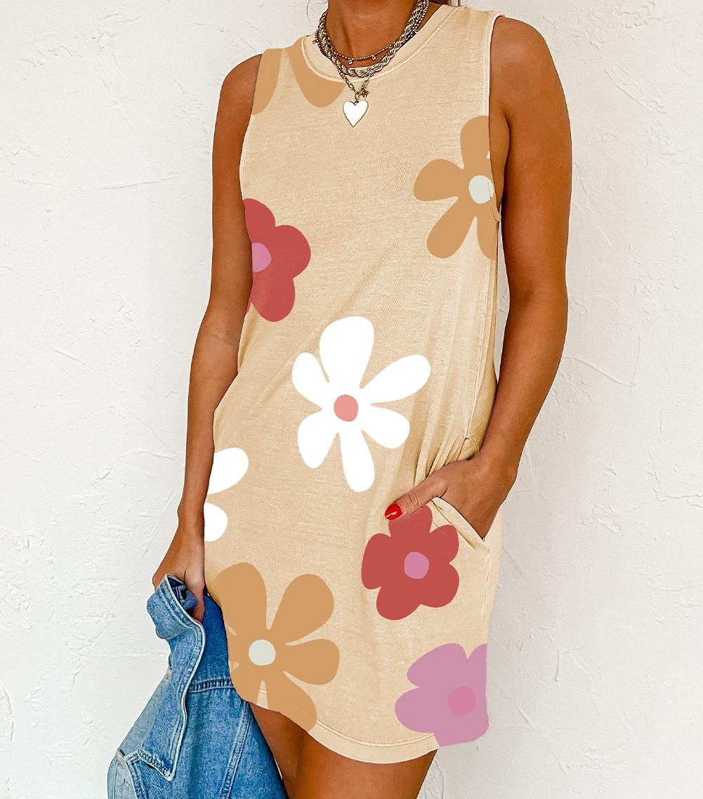 Apricot Daisy Flower Print Tank Dress