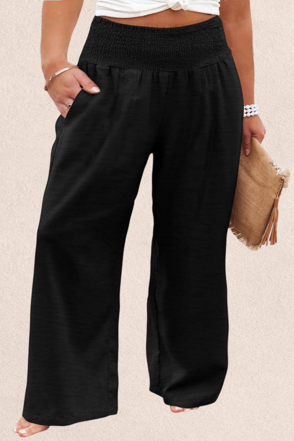 Black Shirred High Waist Plus Size Wide Leg Pants