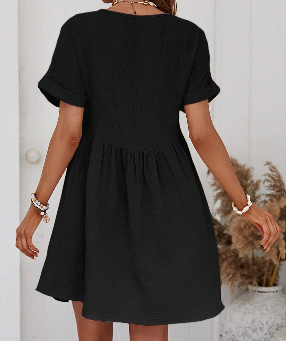 Black Folded Short Sleeve Lace V Neck Mini Dress