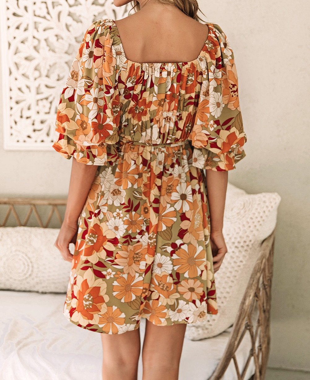 Ruffled Puff Short Sleeve Floral Dress