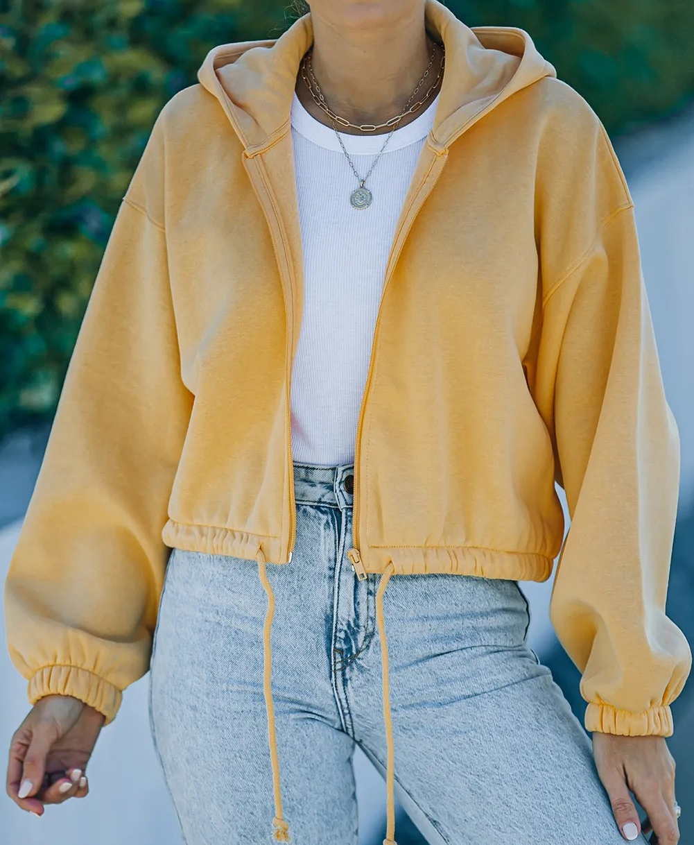 Yellow Zip Closure Drawstring Cinched Cropped Hoodie