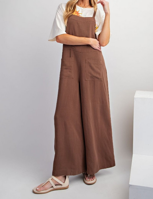 TEXTURED LINEN WIDE LEG JUMPSUITS/OVERALLS