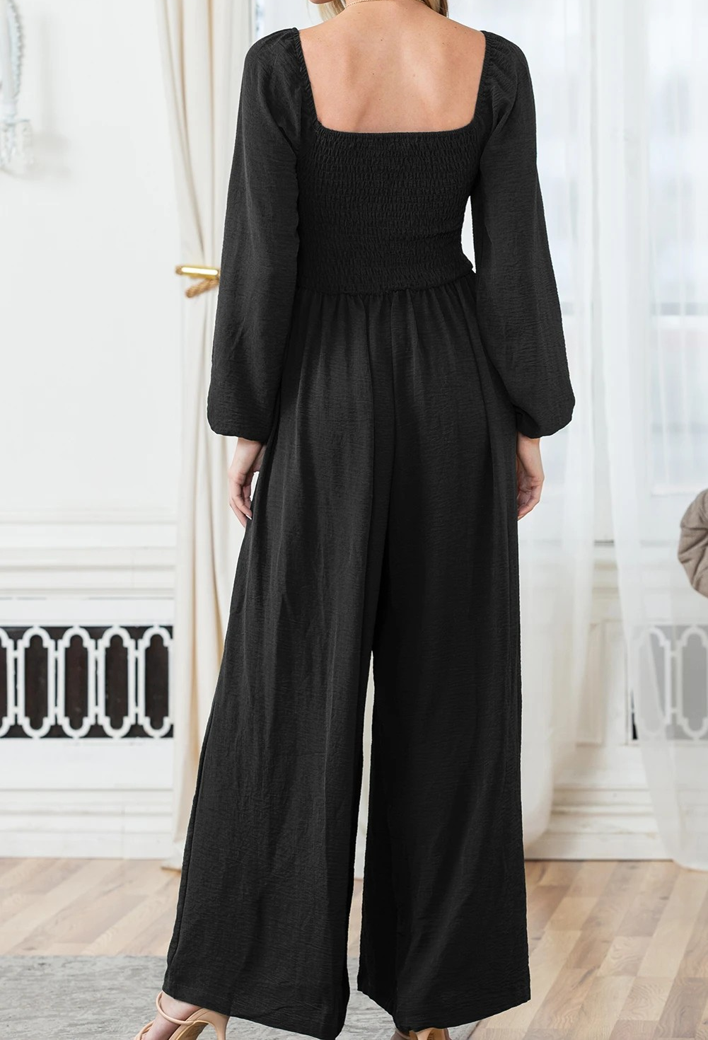 Black Smocked Square Neck Long Sleeve Wide Leg Jumpsuit