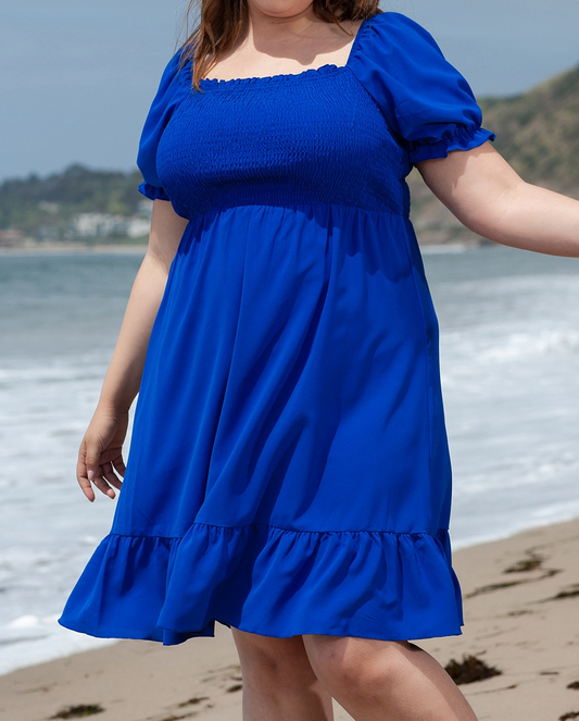 Dark Blue Shirred Ruffled Square Neck Plus Size Mini Dress