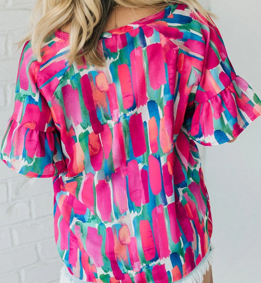 Plus Size Abstract Ruffle Sleeve Button V Neck Blouse