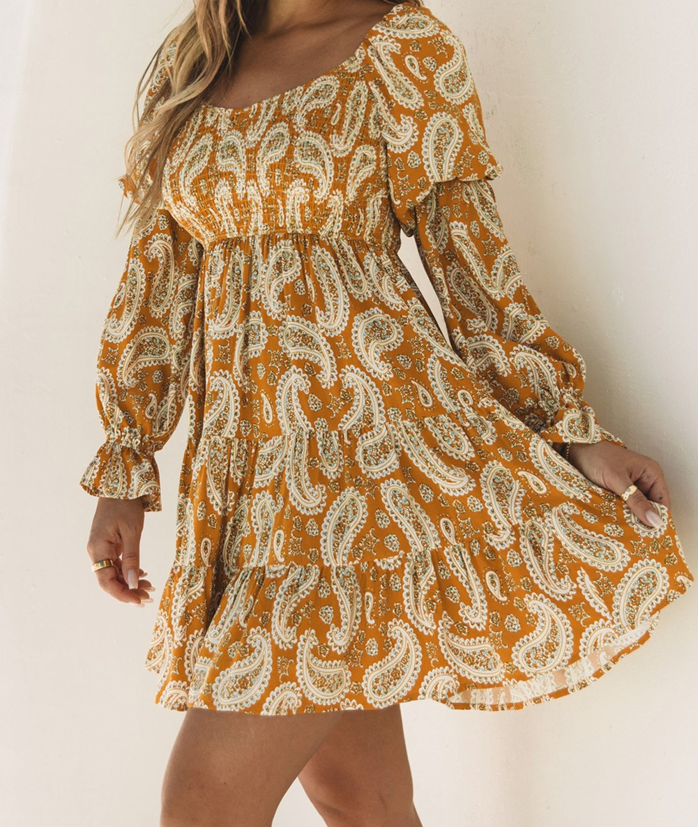 Yellow Boho Paisley Long Sleeve Floral Dress