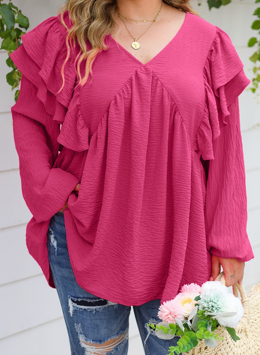 Pink Crinkle Ruffled V Neck Plus Size Blouse